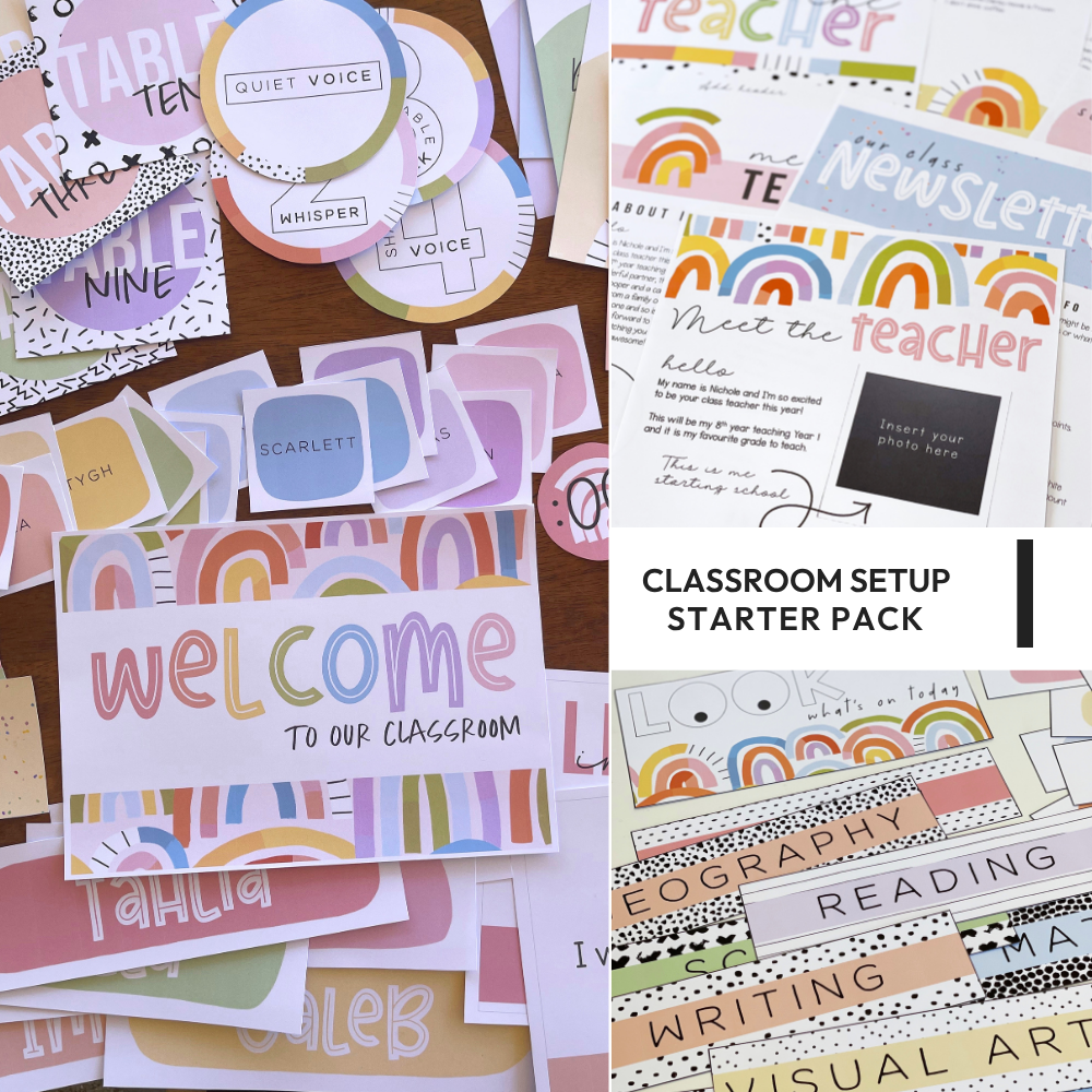Pastel Rainbow Classroom Decor Starter Pack | Editable Classroom Setup Bundle | OVER THE RAINBOW