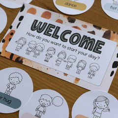 Editable Classroom Greeting Signs | Morning Greeting Choices Display | Neutral Safari Theme | ZOO TALES