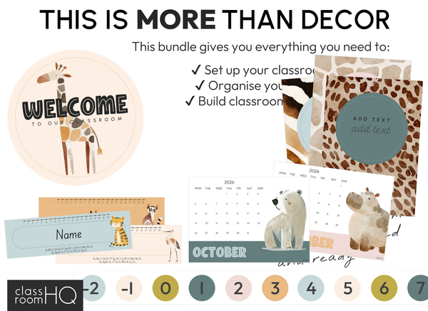 Modern Safari Classroom Decor Bundle | Neutral Editable Classroom Setup | ZOO TALES Collection