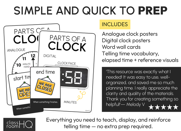 Telling Time Posters + Word Wall Pack