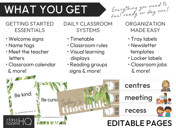 GUM LEAF Classroom Decor Starter Pack | Editable Botanical Setup Kit