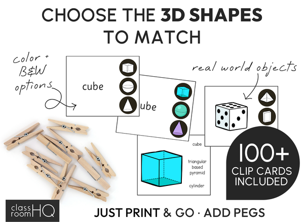 3D Shape Clip Cards | Hands-On Real World Geometry Math Centres for K-2