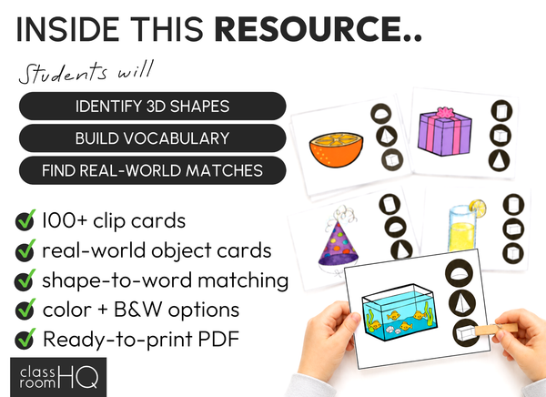 3D Shape Clip Cards | Hands-On Real World Geometry Math Centres for K-2