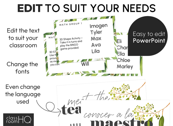 GUM LEAF Classroom Decor Starter Pack | Editable Botanical Setup Kit