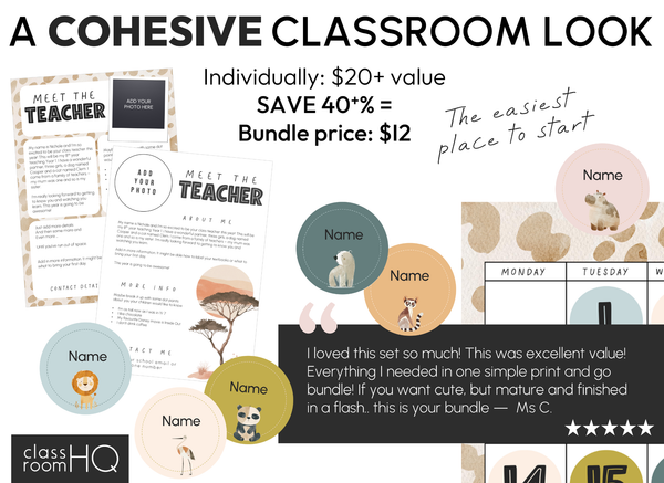 Modern Safari Classroom Decor Starter Pack | Neutral Editable Theme | ZOO TALES Collection