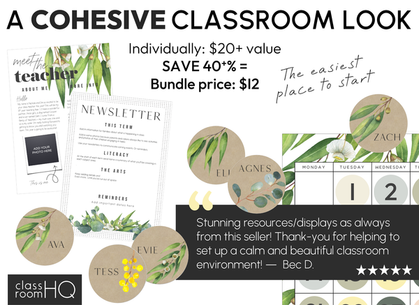 GUM LEAF Classroom Decor Starter Pack | Editable Botanical Setup Kit