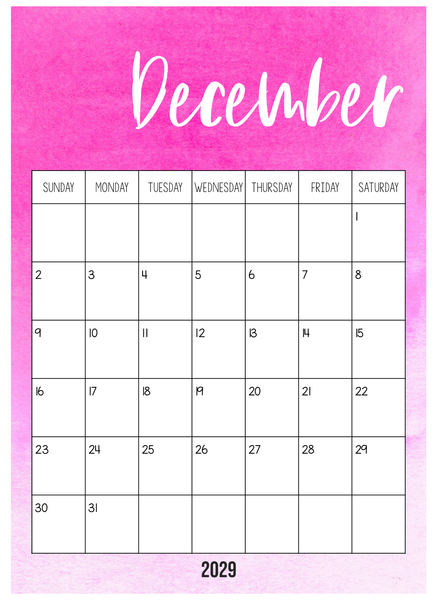 WATERCOLOUR PAINT Simple Calendar
