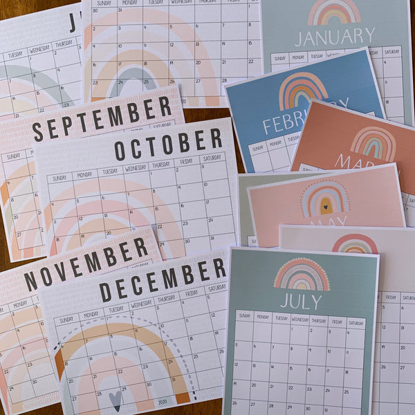 BOHO RAINBOW Simple One Month to a Page Calendar