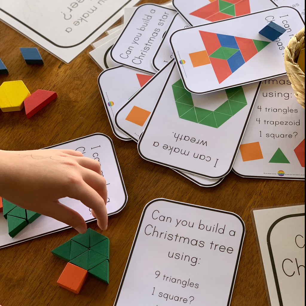 Hands-on classroom Christmas math activity using pattern blocks and printable STEM challenge cards 