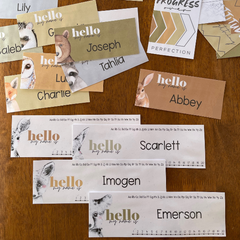 Woodland Desk Name Plates | Editable Forest Theme Classroom Labels with Alphabet & Number Line | INTO THE WOODS