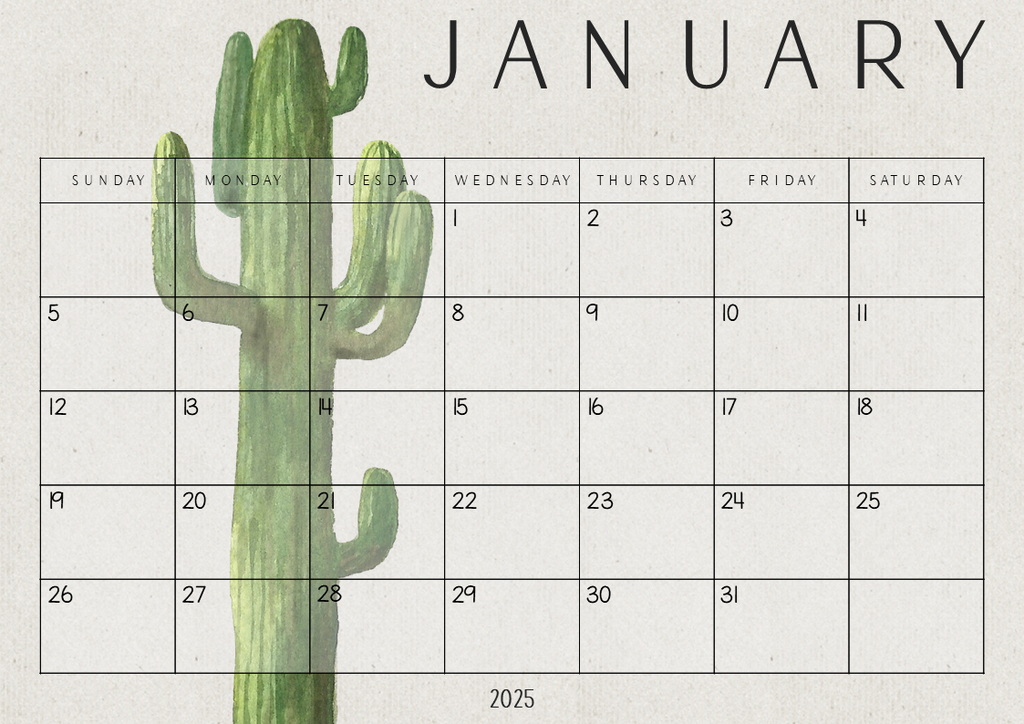 CACTUS Simple One Month to a Page Calendar | Cactus Class Theme cactus-simple-one-month-to-a-page-calendar-cactus-class-theme