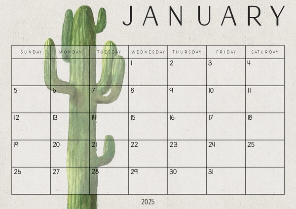 CACTUS Simple One Month to a Page Calendar | Cactus Class Theme