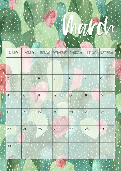CACTUS Simple One Month to a Page Calendar | Cactus Class Theme