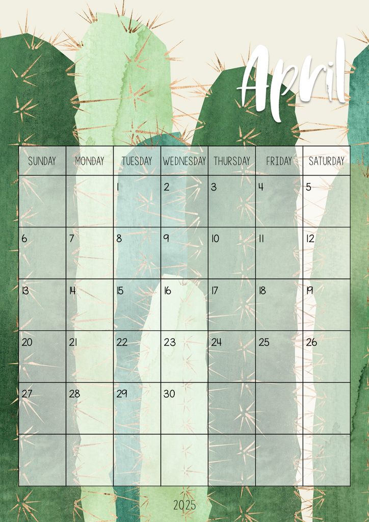 CACTUS Simple One Month to a Page Calendar | Cactus Class Theme cactus-simple-one-month-to-a-page-calendar-cactus-class-theme