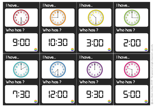 Telling Time I Have, Who Has Loop Card Game - Hour + Half Hour