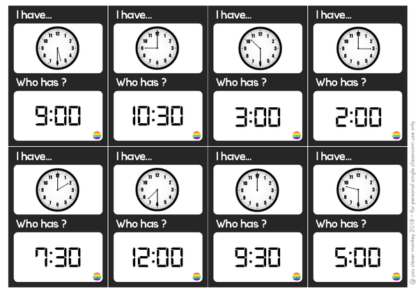 Telling Time I Have, Who Has Loop Card Game - Hour + Half Hour